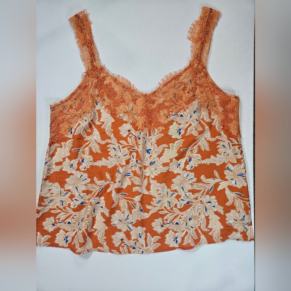 Sam Edelman Palmer Camisole Top Womens Large Orange Tan Floral Lace Eyelash Trim